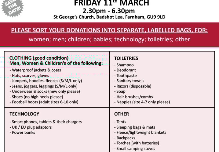 Farnham Help for Refugees has published a list of in-demand items prior to its March 11 sale