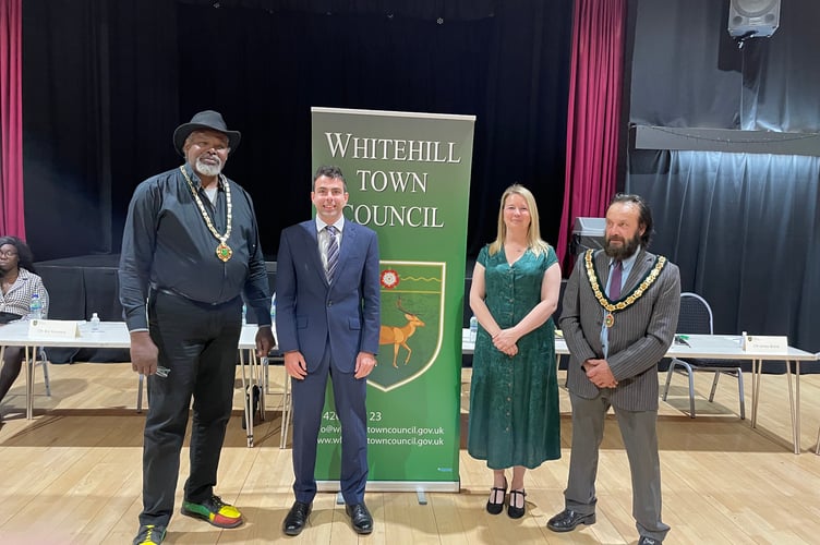 Mayor making at Whitehill Town Council’s annual council meeting, May 12th 2022.  From left: Town mayor Cllr Leeroy Scott, council leader Cllr Andy Tree, deputy council leader Cllr Catherine Clark and deputy town mayor Cllr Roger Russell. 