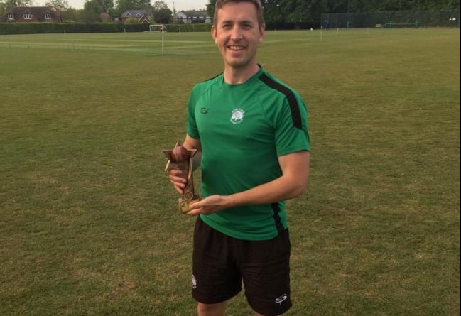 Richard Forbes with the Rowledge man-of-the-match trophy sponsored by The Sandrock pub and takeaway