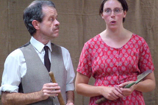 John Thompson (Rod Sharp) tells Flora Thompson (Mel White) that he has decided to move to Dartmouth in the play Flora’s Peverel by author and historian John Owen Smith.