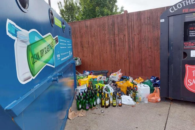 Bottle bank overflow at Tesco in Bordon on August 19th 2022.