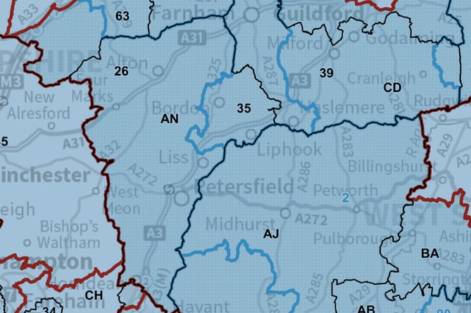 A map of the Boundary Commission’s proposed new East Hampshire constituency boundaries (number 26), omitting Bordon but reaching further south than at present. The neighbouring ‘Farnham and Bordon’ constituency is represented by number 35 and ‘Arundel and South Downs’ by number 2.