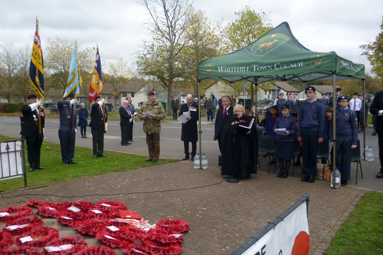 Revd Wendy Mallas conducts the Whitehill & Bordon Remembrance Service, November 11th 2022.