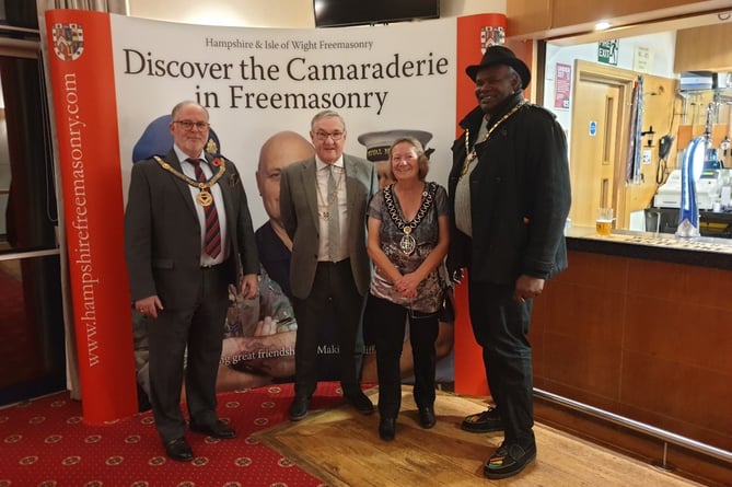 Bordon Masonic Centre, November 12th 2022. From left: North East Hampshire assistant provincial grand master W Bro Peter G Vosser, Cllr Paul Wigman, Cllr Sally Pond and Cllr Leeroy Scott.