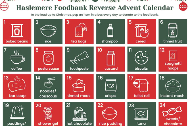 Haslemere Food Bank has launched a ‘reverse Advent calendar’, giving suggestions of different items to donate for each day of December