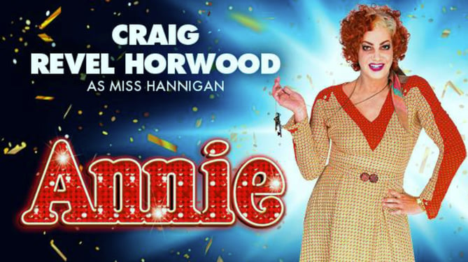 Publicity poster for Annie at New Victoria Theatre, Woking, featuring Craig Revel Horwood as Miss Hannigan, November 2022.