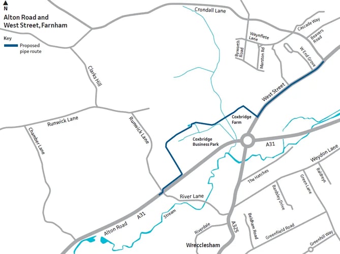 The route of South East Water's new £1.3 million Farnham pipeline