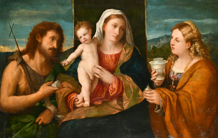 The Madonna and Child with Saints John the Baptist and Mary Magdalene, which was confirmed as a work by Palma Vecchio just days before the sale, sold for a hammer price of £42,000