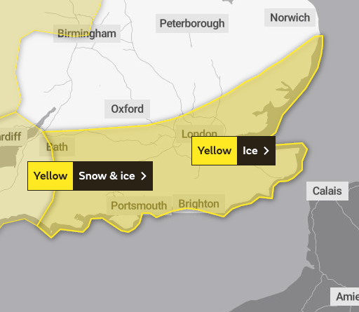 The Met Office has issued a yellow weather warning for ice in the London and South East region