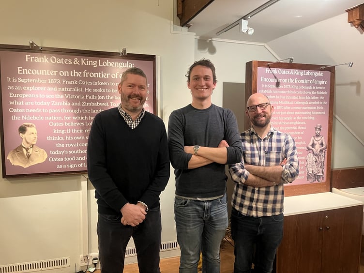 Prof Pete Langdon, Dr Joseph Higgins and Dr Chris Prior with the Frank Oates & King Lobengula: Encounter on the frontier of empire exhibition at Gilbert White’s House and Gardens in Selborne
