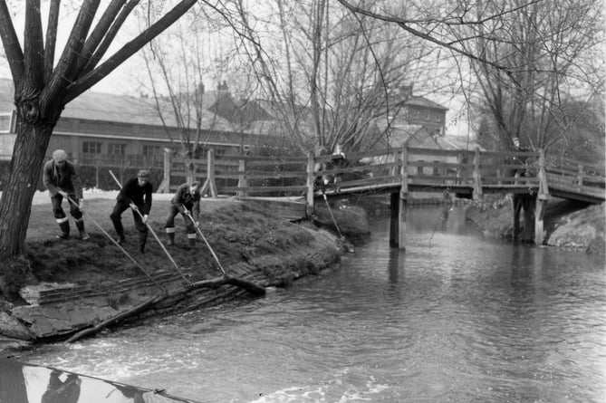 Workmen from the Thames Water Board clear branches from the River Wey as it passes through Gostrey Meadow, Farnham, in the spring of 1953

