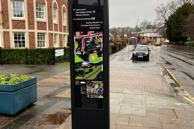 One of the many wayfinding ‘totems’ to pop up in Farnham in recent weeks. These have been installed throughout the town centre by carbon neutral company Trueform, which has installed similar signs elsewhere in Surrey, in Guildford, Woking, Redhill, Dorking, Epsom and Camberley