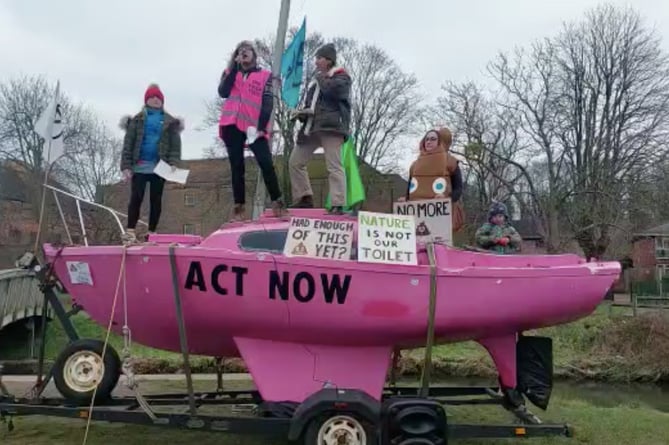 The Extinction Rebellion 'pink boat' in Gostrey Meadow, Farnham