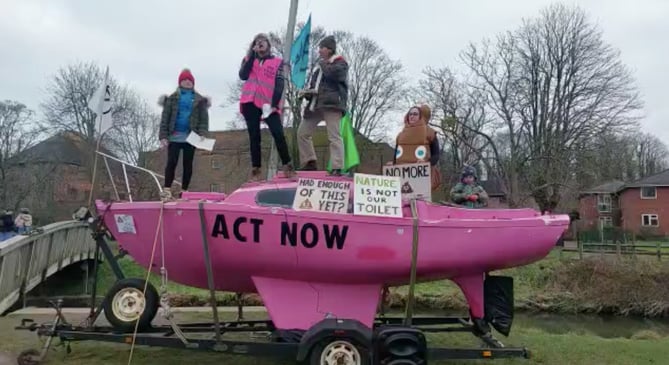 The Extinction Rebellion 'pink boat' in Gostrey Meadow, Farnham