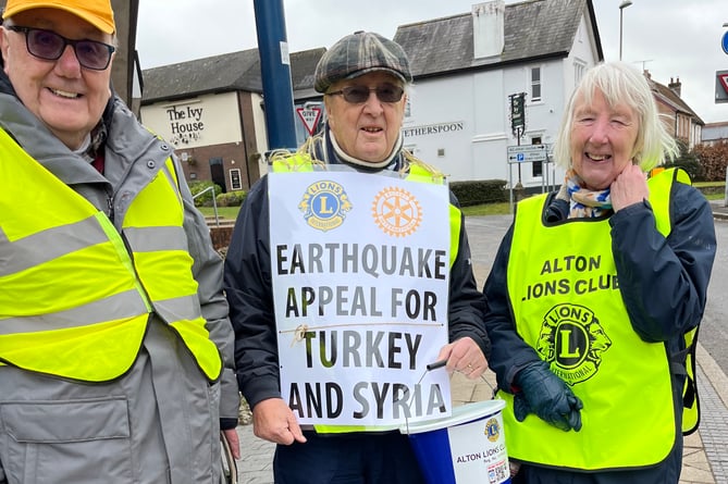 From left: Alton Lions Peter Baker and John Partridge with supporter Annette Blackman collect in Alton High Street for the Turkey/Syria earthquake appeal, February 17th 2022.