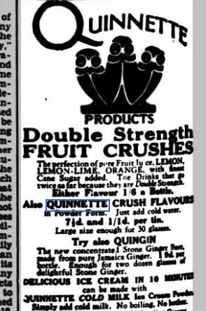 The Quinette factory in Castle Street, Farnham, didn't just produce mineral water it seems, with this advert also offering 'double strength fruit crushes' as well as 'delicious ice cream in 10 minutes with Quinette cold milk ice cream powder'
