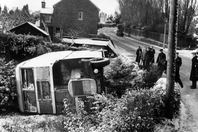 This image from the Herald archive captures the scene in 1954 after a double-decker belonging to the Aldershot & District bus company came to grief in Alma Lane at Heath End