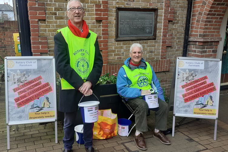 Farnham Rotarians collecting for earthquake victims in Lion & Lamb Yard