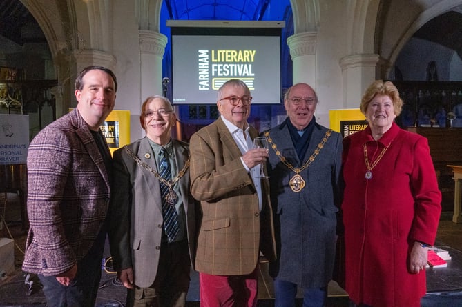 Christopher Biggins with the mayors of Farnham and Waverley at the launch of the Farnham Literary Festival