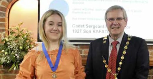 Petersfield town mayor Peter Clist with Cadet Sergeant Emily Taylor, March 2023.
