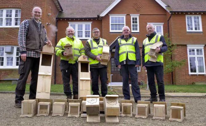 Jason Wilson, chair of trustees, Gavin Dickie, volunteer lead and groundsman, and Jeff Green, Tom Collard and Neil White of Liss Men’s Shed, March 2023.