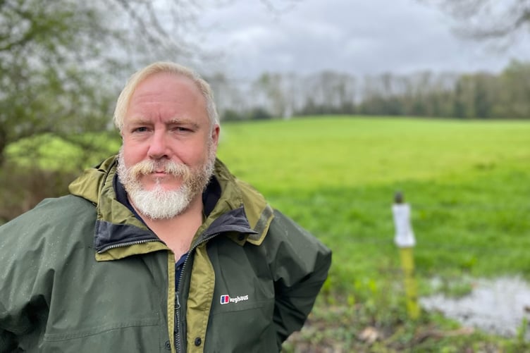 Cllr Adam Carew at Standford Grange Farm, April 2023.