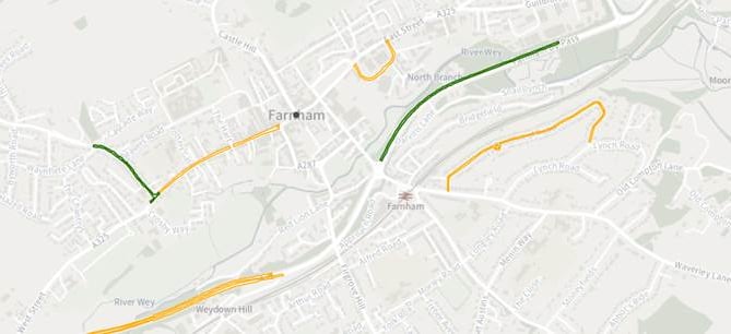 These are the scheduled works on Surrey County Council's road resurfacing programme – green roads are planned for this year, and orange for future years