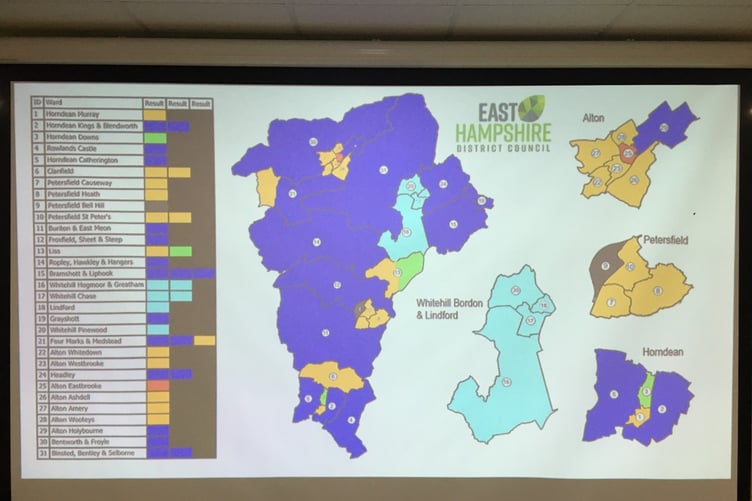 The political map of East Hampshire following the district council elections on May 4th 2023.