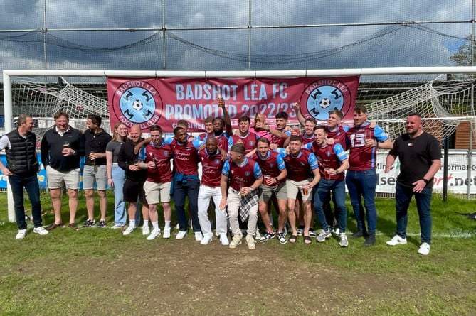 Badshot Lea players and staff celebrate the club’s promotion