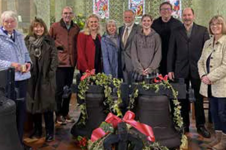 St Peter and St Paul’s bell ringers with the church’s restored bells, Hawkley, May 2023.