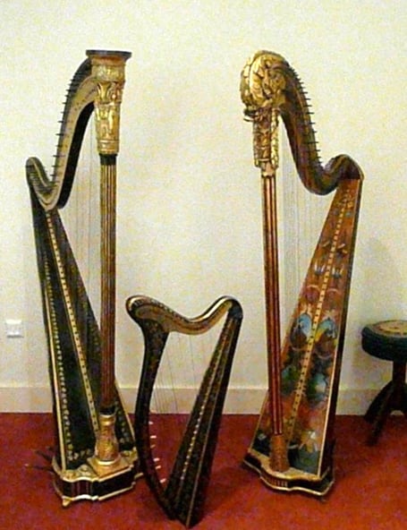 Eliza Austen’s harp, made around 1777; Erat 1808, Egan Royal Portable from around 1816; French anon, around 1785