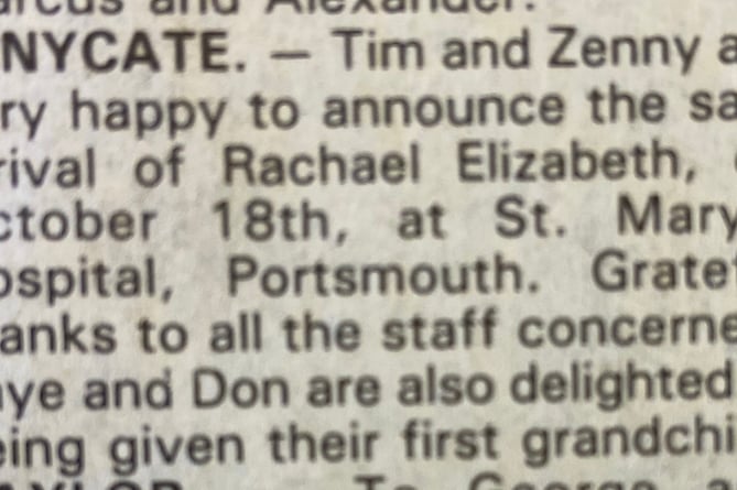 The birth notice announcing the arrival of Tim and Zenny Penycate's first child Rachael Elizabeth