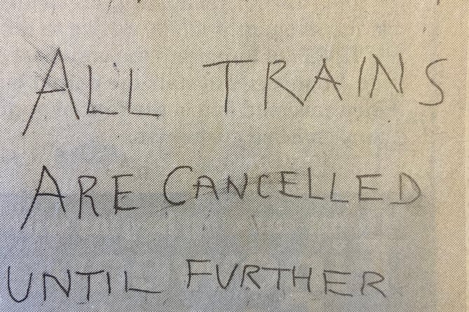 A notice posted on the front of Farnham Station in the wake of the Great Storm in October 1987