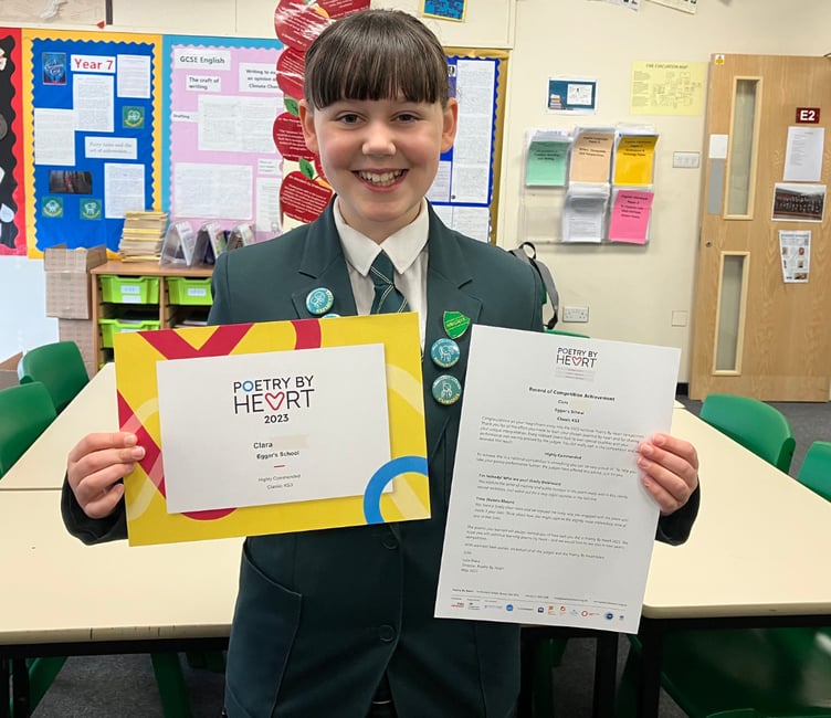 Eggar’s School pupil Clara with her Poetry by Heart judges’ feedback and certificate, June 2023.