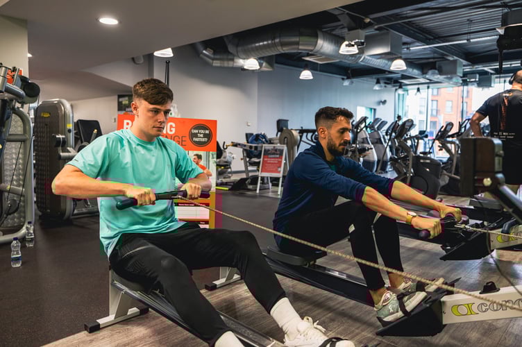 Freestyle footballers Steve Gray and Ben Nuttall try out the gym at a Waverley leisure centre open day