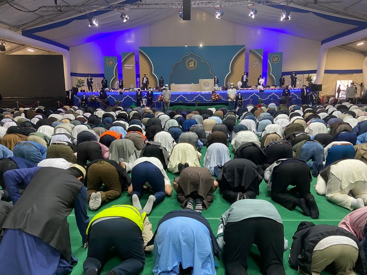 Prayers in the hall at Hadeeqatul Mahdi on day one of Jalsa Salana UK, the 57th annual convention of the Ahmadiyya Muslim Community, Oaklands Farm, East Worldham, July 28th 2023.