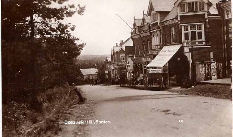 A 1905 view down Bordon's ‘Deadwater Hill’, now Chalet Hill, showing a farmhouse at the bottom where the Bordon Mineral Water Company (later Allen & Lloyd) was located