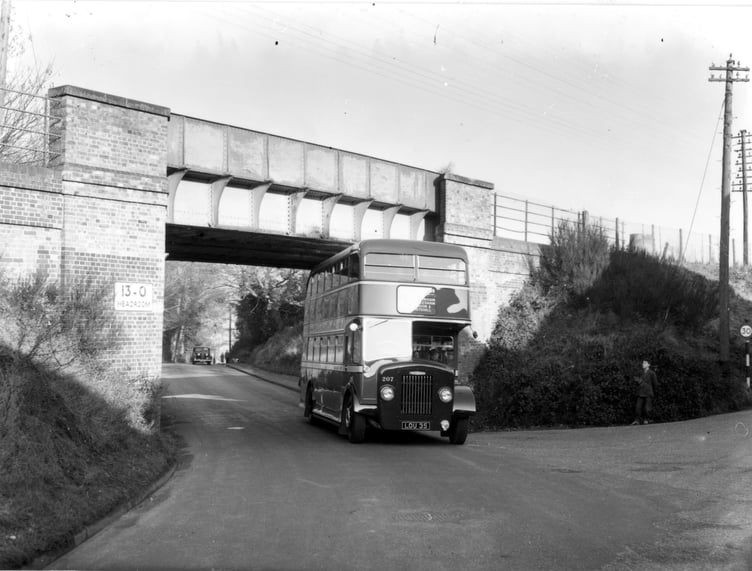 The 'first double decker bus through Wrecclesham bridge', photographed early in 1954