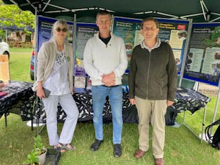 Hampshire Bat Group, Alton Eco Fair, Public Gardens, July 16th 2023. From left: Ann Evans, Kevin Stevens and Chris Piper.
