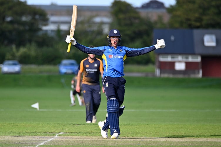 Jude Wright celebrates the winning runs after Alton beat Old Tauntonians & Romsey by eight wickets