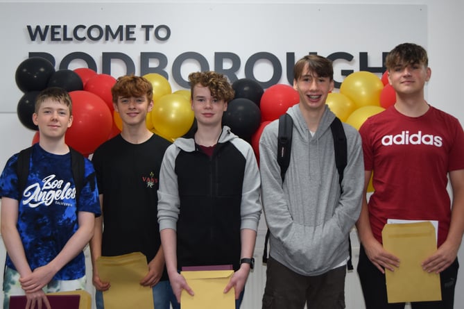 Rodborough students Ryan T, Reuben W, Luca D, Jacob M, Charlie H on GCSE results day 2023