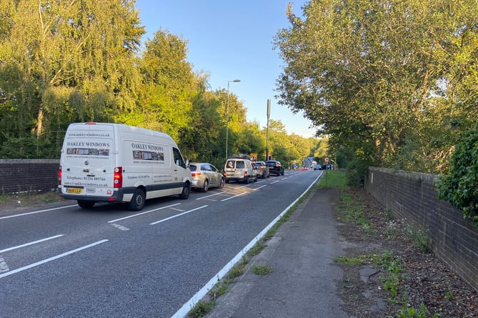 Traffic caused by temporary traffic lights at Montecchio Way-Mill Lane junction, Alton, September 4th 2023.