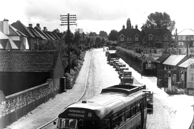 Diversion queue for level crossing because Firgrove Hill railway bridge was being rebuilt 1950