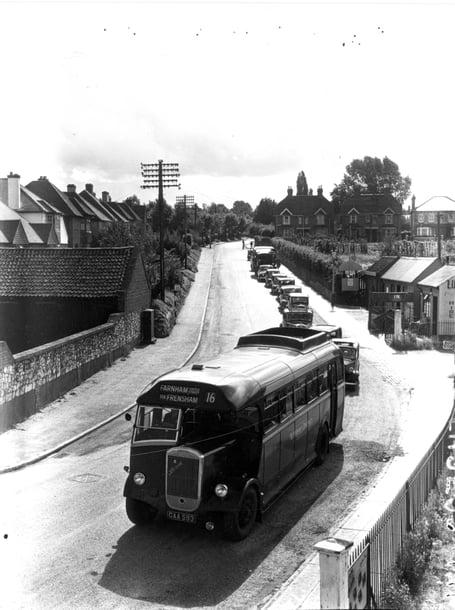 Diversion queue for level crossing because Firgrove Hill railway bridge was being rebuilt 1950