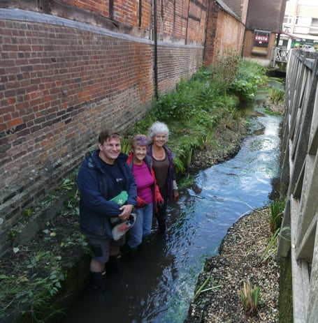 Volunteers pictured after planting the berms, River Wey, Alton, October 2023.