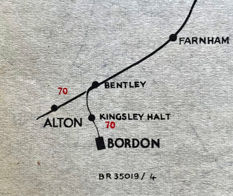 An early British Rail suburban map showing the Bordon terminus