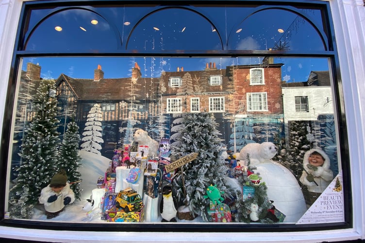 Elphicks 2023 Christmas window display in West Street, Farnham