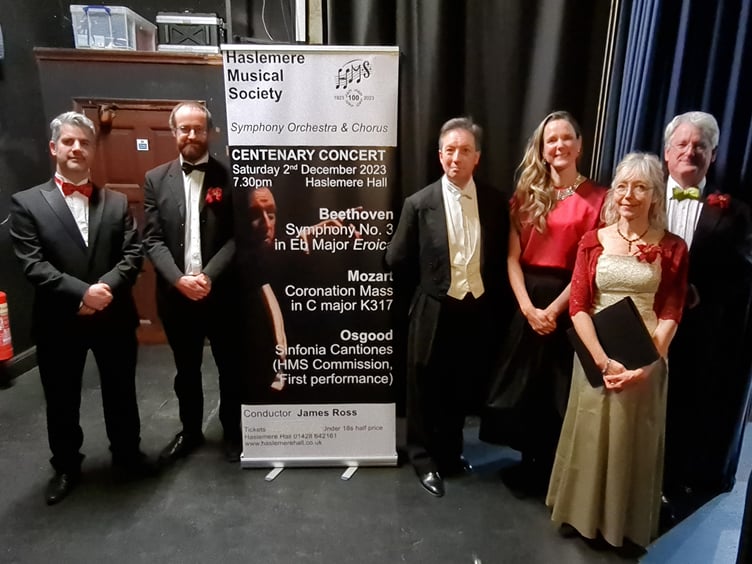 James Clive and the soloists, Haslemere Musical Society centenary concert, Haslemere Hall, December 2nd 2023.