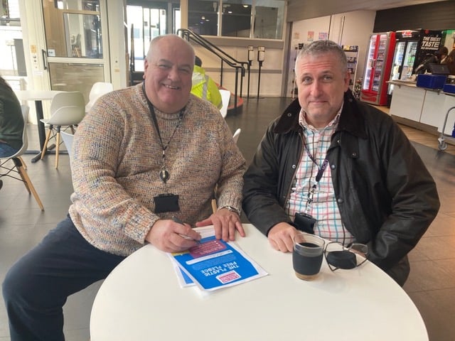 The UCA’s Steve Dickson (left) and Scott Keiller sign the Plastic Free Farnham pledge