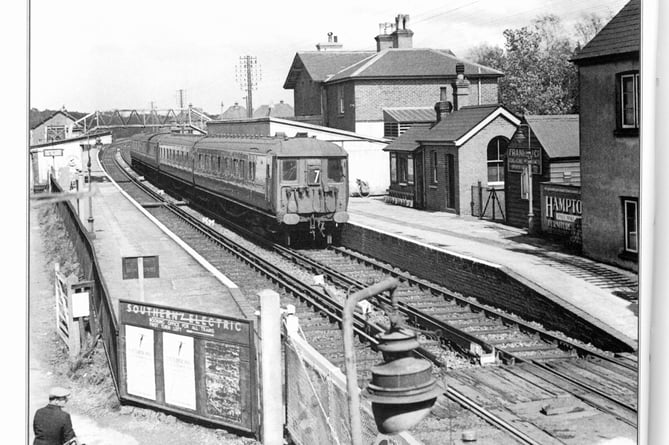 This 1937 photograph of Liss Station is captioned: 'General view of Liss, with a Down EMU for Portsmouth at platform'